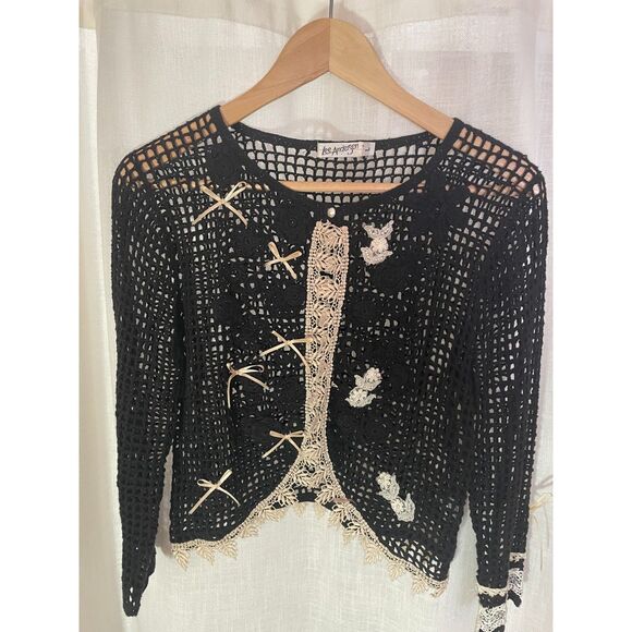 Crochet Bolero‎ Jacket Size Large Boho Beaded Black With Cream Lace Trim Bows - Picture 1 of 7
